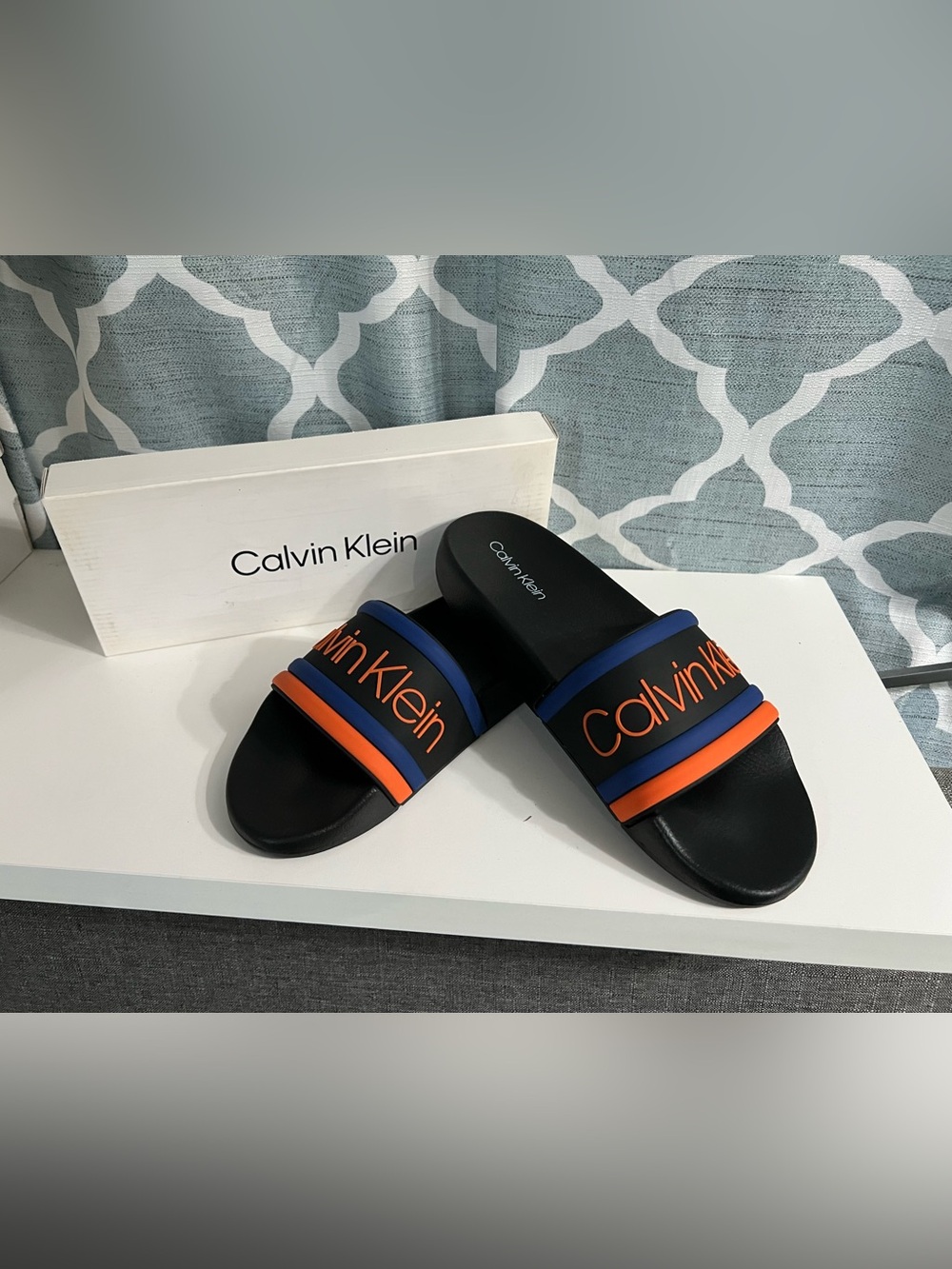 Calvin Klein Black Slides with Blue and Orange Logo Straps